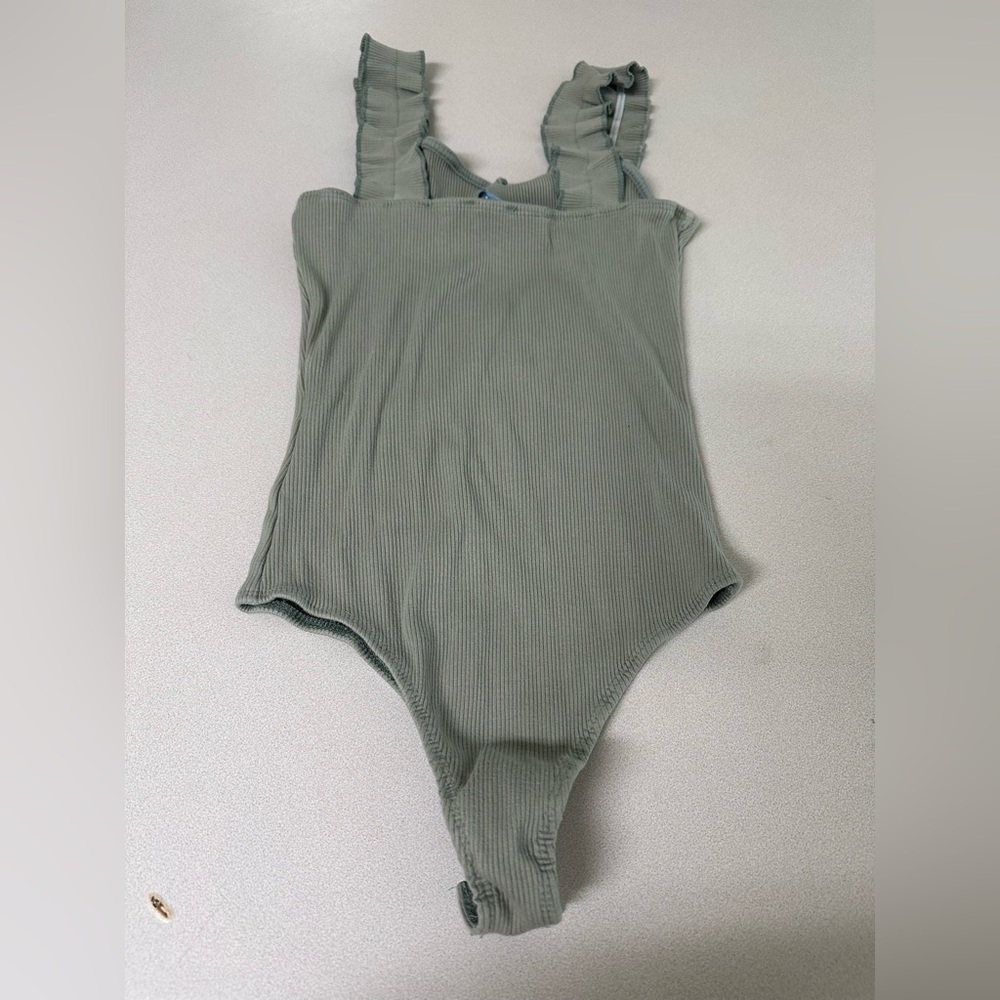 Blue Rain Sage Green Ribbed One-Piece Bodysuit with Ruffle Straps - Picture 4 of 5
